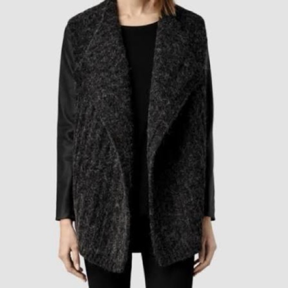 All Saints Weston Wool Blend Cardigan. Leather Sleeve 
BNWT SZ 2